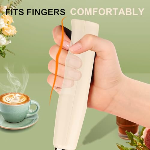 Beige Handheld Milk Frother Wand with Stand for Coffee