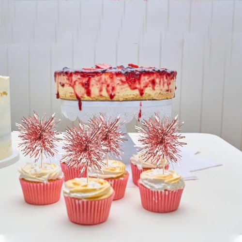 40 PCS Foil Firework Cupcake Toppers Rose Gold Sparkler Cupcake Picks Sparkle Tinsel Fireworks Decorations Cocktail Fruit Toothpick for Firework Theme Birthday Wedding Graduation Party Decor Supplies (40 Count)
