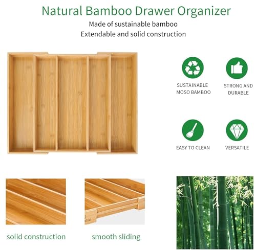 Bamboo Expandable Kitchen Drawer Organizer Silverware Utensil Tray