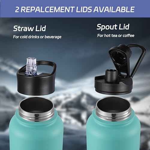 32 oz Insulated Water Bottle Stainless Steel Double Walled Vacuum Sports Water Bottle with 2 Lids