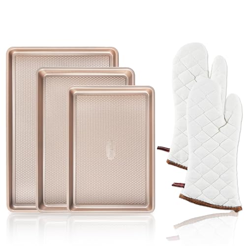 3 Pack Gold Nonstick Baking Sheet Pan Set with Oven Mitts Heat Resistant (5 Count)