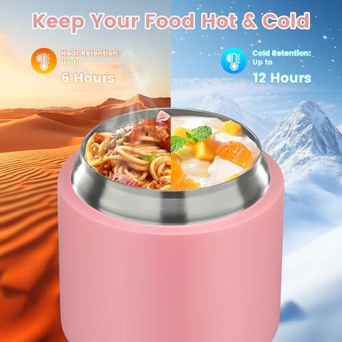 2-in-1 Thermos for Hot Food with Snack Box Container - 20oz Stainless Steel Insulated Food Container with Handle and Spoon, Leak Proof Bento Box Kids Adult for School Lunch Office, Pink