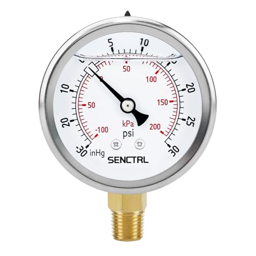 30 inHg to 30 Psi Vacuum Glycerin Liquid Filled Low Pressure Gauge
