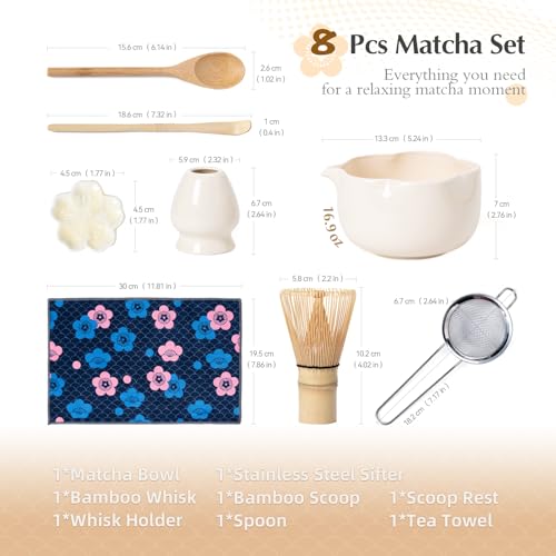Matcha Set 8Pcs Floral Ceramic Matcha Kit with Matcha Whisk