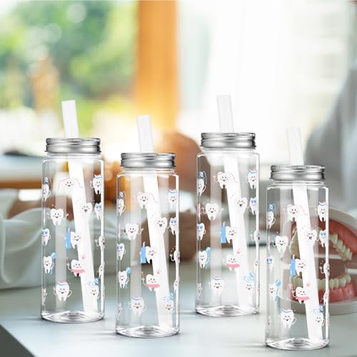 12 Pcs 14.2oz Teeth Tumbler with Lid and Straw Tooth Gift Plastic Reusable Tumbler Teeth Party Favors for Dental Assistants Gift Drinking Cup for Women Men Doctors Nurses Coworkers Employees (12 Count)