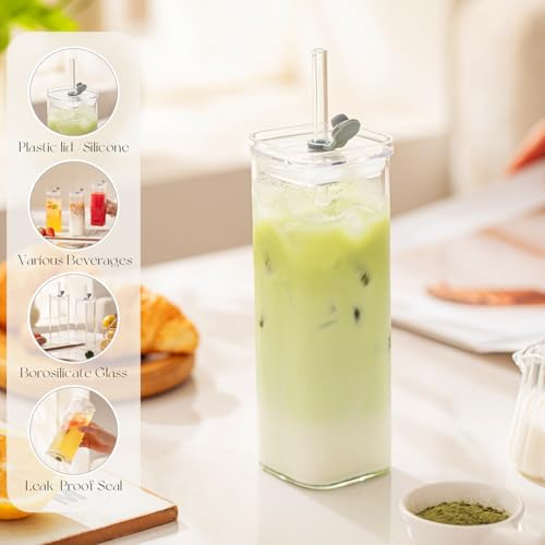 12 Sets Square Drinking Glass Cups with Lids & Straws