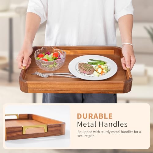 Acacia Wood Serving Tray with Metal Handles