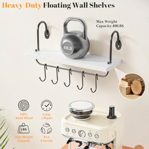 Floating Wall Shelves for Kitchen Bathroom Coffee Nook with 10 Adjustable Hooks for Mugs Cooking Utensils or Towel Rustic Storage Shelves Set of 2 (2 Count)