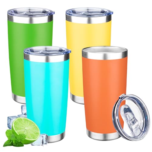 20oz Tumbler with Lid Double Wall Vacuum Insulated Travel Coffee Mug Stainless Steel Thermal Cup Powder Coated Sturdy Coffee Tumbler Bulk for Hot and Cold Beverages (4 Count)