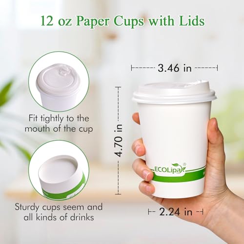 100 Count 12 oz Compostable Paper Coffee Cups with CPLA Lid