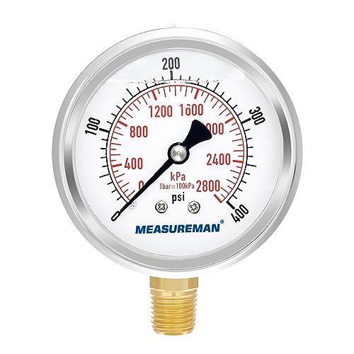 2-1/2" Dial Size, Glycerin Filled Pressure Gauge, 0-400psi/2800kpa, 304 Stainless Steel Case, 1/4" NPT Lower Mount