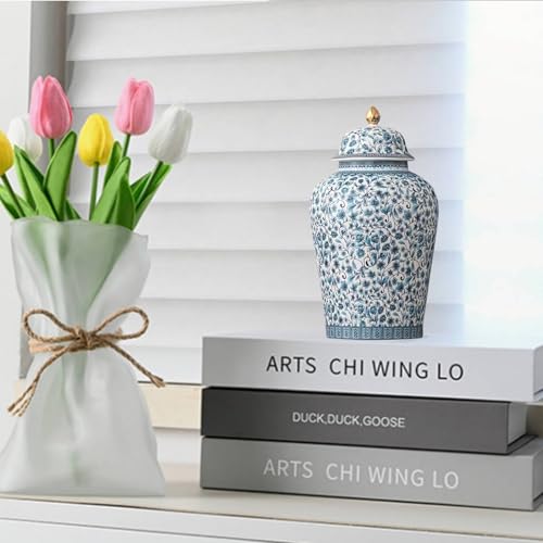 12inches flower Ginger Jar with Lid Chinese Decorative blue Ceramic