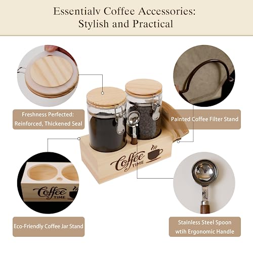 Glass Coffee Canister Set with Shelf & Spoon 2 Piece Coffee Containers for Coffee Bean Storage Airtight Seal