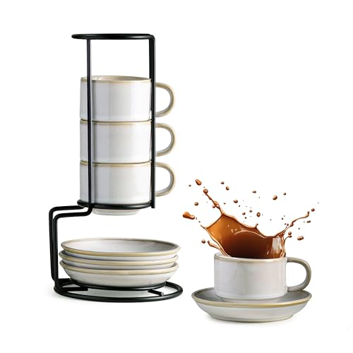 2.5 Ounce Espresso Cups Set of 4 with Saucers & Metal Rack (8.25 Count)