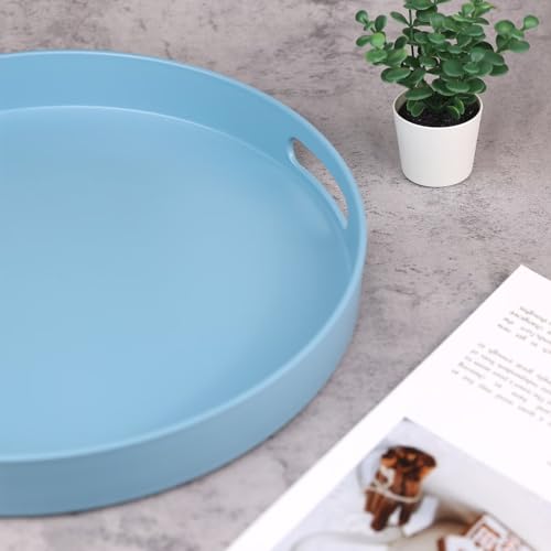 Round Blue Decorative Serving Tray with Handles