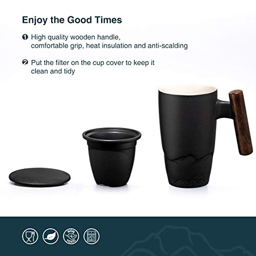 Tomotime Ceramic Tea Cup with Infuser and Lid Tea Mugs Wooden Handle 400ml