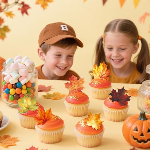 72 Pcs Edible Fall Leaves Cupcake Toppers Wafer Paper Autumn Maple Leaf Cupcake Topper Thanksgiving Theme Cake Picks Birthday Baby Shower Party Decorations