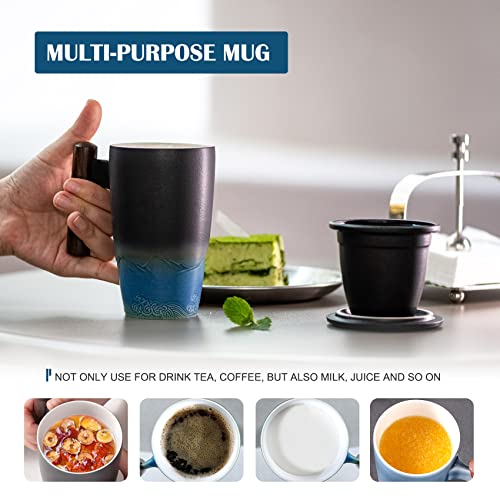 Tomotime Ceramic Tea Cup with Infuser and Lid Tea Mugs Wooden Handle 400ml