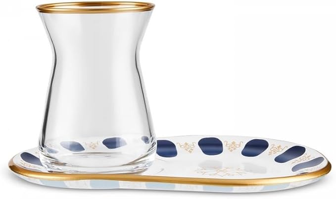 KARACA Belem Turkish Tea Glasses Set, 12-Piece Tea Set for 6 People, Tea Glasses with Gold Rim and Navy Blue Accents