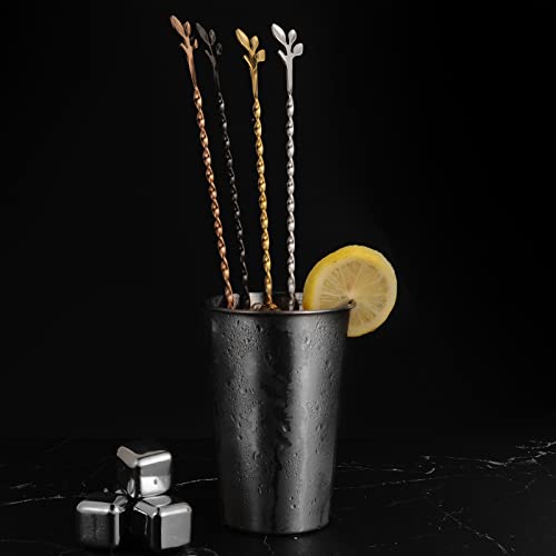 Gold 10 Inch Stainless Steel Cocktail Spoon with Leaf Handle