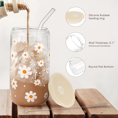 Daisy 16 Oz Can Glass Tumbler with Acrylic Lid and Straw
