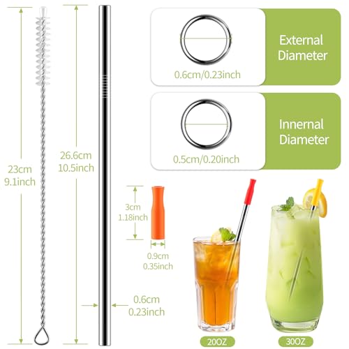 Stainless Steel Metal Straws with Silicone Tips Set of 10 Straight Reusable Drinking Straws for 20oz 30oz Tumblers