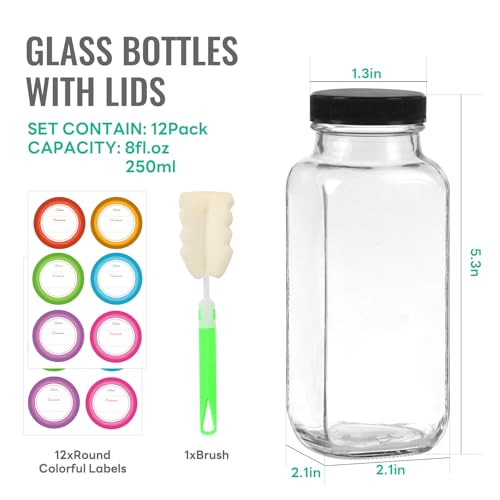 8 oz Glass Juice Bottles with Lids 12 Pack (12 Count)
