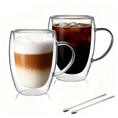 2 Pack Double Walled Coffee Cups Glasses Mug 12oz Borosilicate Glass (2 Count)