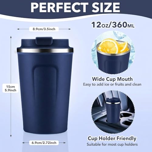 12 oz Double Wall Insulated Vacuum Travel Coffee Mugs with Flip Lid Bulk 2 Pack (2 Count)