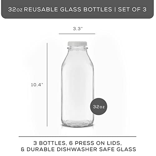 Glass Milk Bottles with Lids and Pourer (3 Count)