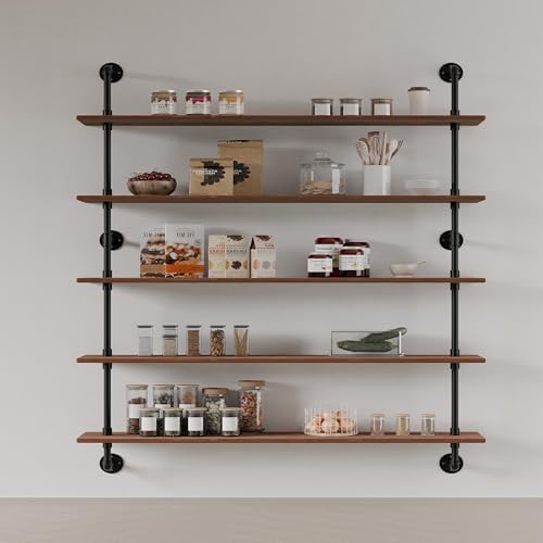Floating Shelves for Wall Bookshelf Industrial Pipe Shelving Shelves 48 Inch 5 Tier Natural Wood Planks Rustic Wall Shelves Hanging Bookshelves Farmhouse Kitchen Shelving (5 Count)