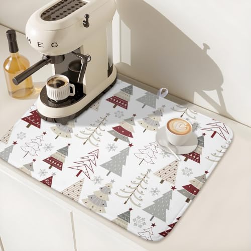 Christmas Tree Dish Drying Mat for Kitchen Counter Christmas Pine Tree Dish Drying Mat 16x18 Inch Geometric Winter Dish Draining Mat Absorbent Reversible Dish Pad Kitchen Accessories Table Protector