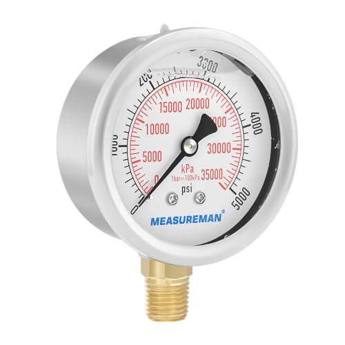 2-1/2inch Dial Size, Liquid Filled Hydraulic Pressure Gauge, 0-5000psi/kpa, 304 Stainless Steel Case, 1/4inchNPT Lower Mount