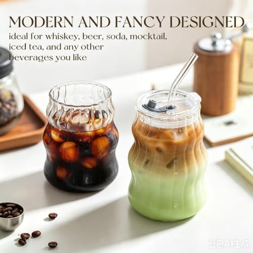 Ribbed Glass Cups with Lids and Straws