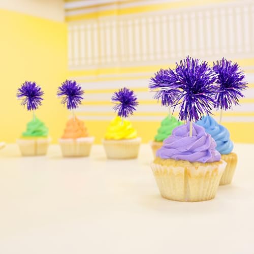 30Pcs Foil Firework Cupcake Toppers Sparkle Tinsel Cake Toppers Tinsel Drink Cake Decoration Cocktail Picks for Birthday Wedding Graduation Party Supplies Dark Purple (30 Count)