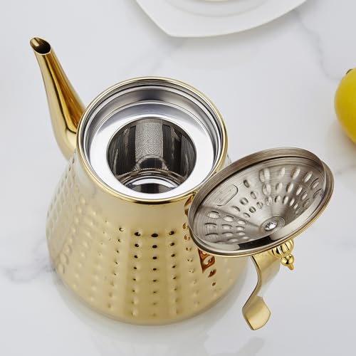 1.2L(40oz) Stainless Steel Hammer Patterned Teapot With Removeable Infuser,Loose leaf cover,Gold
