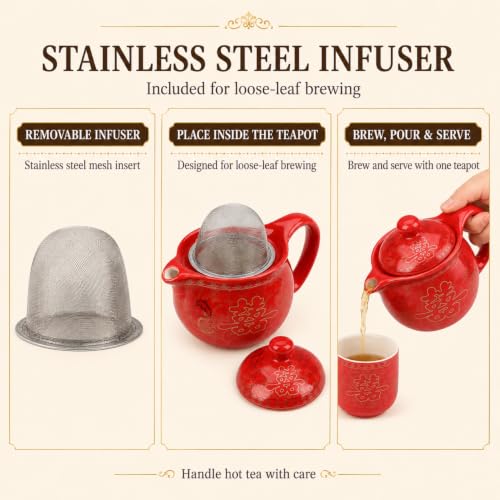 Chinese Tea Set Traditional Red Ceramic with Chinese Teapot and 6 Porcelain Teacups