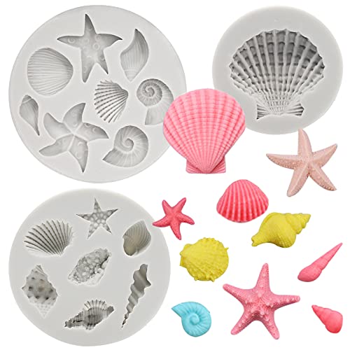 Under the Sea Silicone Mold 3pcs Marine Fondant Cake Mold Seashell Conch Starfish Silicone Baking Mold for Under the Sea Ocean Chocolate Candy Cake Decoration Polymer Clay Gum Paste Craft