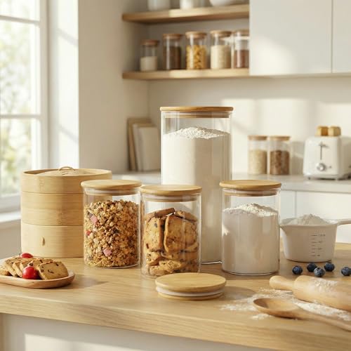 132oz Large Glass Storage Containers with Bamboo Lids for Flour & Sugar (2 Count)
