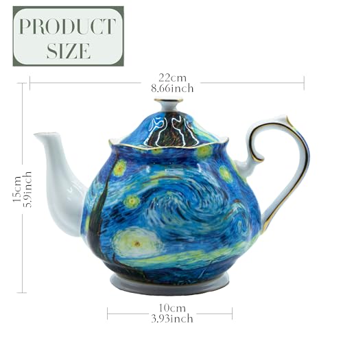 Teapot 30 oz Vangogh Paintings Bone China Loose Tea Pot Floral Design Vintage Ceramic Coffee Water Pot European Style Porcelain (30 Ounce)