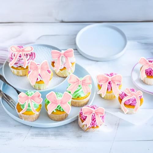 50Pcs Edible Pink Bowknot Cupcake Toppers Wafer Paper Bowknot Cake Dessert Picks Drink Topper Baby Shower Princess Cupcake Toppers for Birthday Party Decoration Supplies (50 Count)