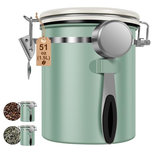 2PCS Coffee Storage Canister 1.5L 51OZ Double Airtight Coffee Beans Container with Date Locator 304 Stainless Steel Kitchen Food Storage Container with Spoon For Coffee Beans Grounds Tea Sugar (2 Count)