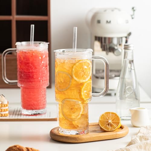 24 oz Water Ripple Glass Tumbler with Handle and Lid