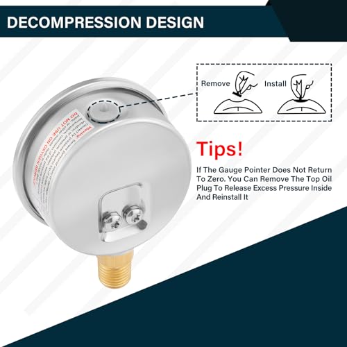 2-1/2inch Dial Size, Oil Filled Pressure Gauge, 0-160psi/kpa, 304 Stainless Steel Case, 1/4inchNPT Lower Mount