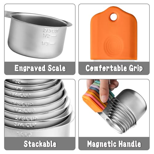 Magnetic Measuring Cups and Spoons Set of 17 Stainless Steel Measuring Cups & Double Sided Magnetic Measuring Spoons with 1 Leveler for Dry and Liquid Ingredients (17 Count)