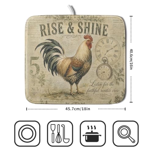 Farmhouse Rooster Dish Drying Mat 16 x 18 Inch with Hanging Loop High Absorbent Reversible Microfiber Dish Drying Pad Drainer Mat for Kitchen Counter Coffee Bar