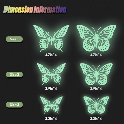 Glow in The Dark 3D Butterfly 24 Pcs 3 Sizes (24 Count)