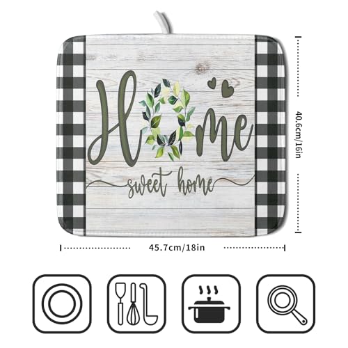 Home Sweet Home Dish Drying Mat 16x18 Inch Spring Summer Green Leaf Wreath Dish Drainer Mats Rustic Wood Board Microfiber Dish Drying Rack Pad for Kitchen Countertop Farmhouse Decor
