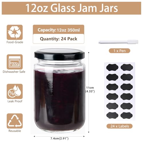 24Pack 12oz Glass Jars with Lids (24 Count)