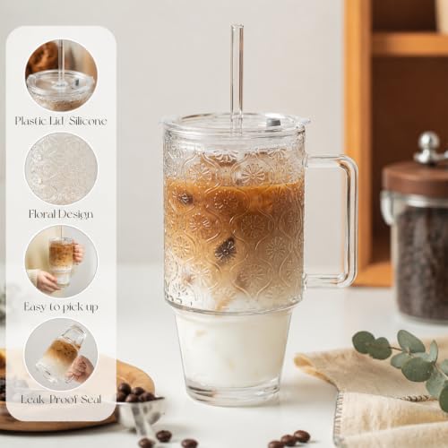 24oz Ribbed Glass Tumbler with Handle & Lid